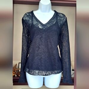 NWOT Jones New York SPORT Black Lace Blouse Set Tank Top Floral Lace Sheer Top